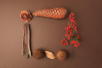 Photo of Frame madetree bark pieces, cones, red viburnum berries and dry leaf on brown background, flat lay. Space for text