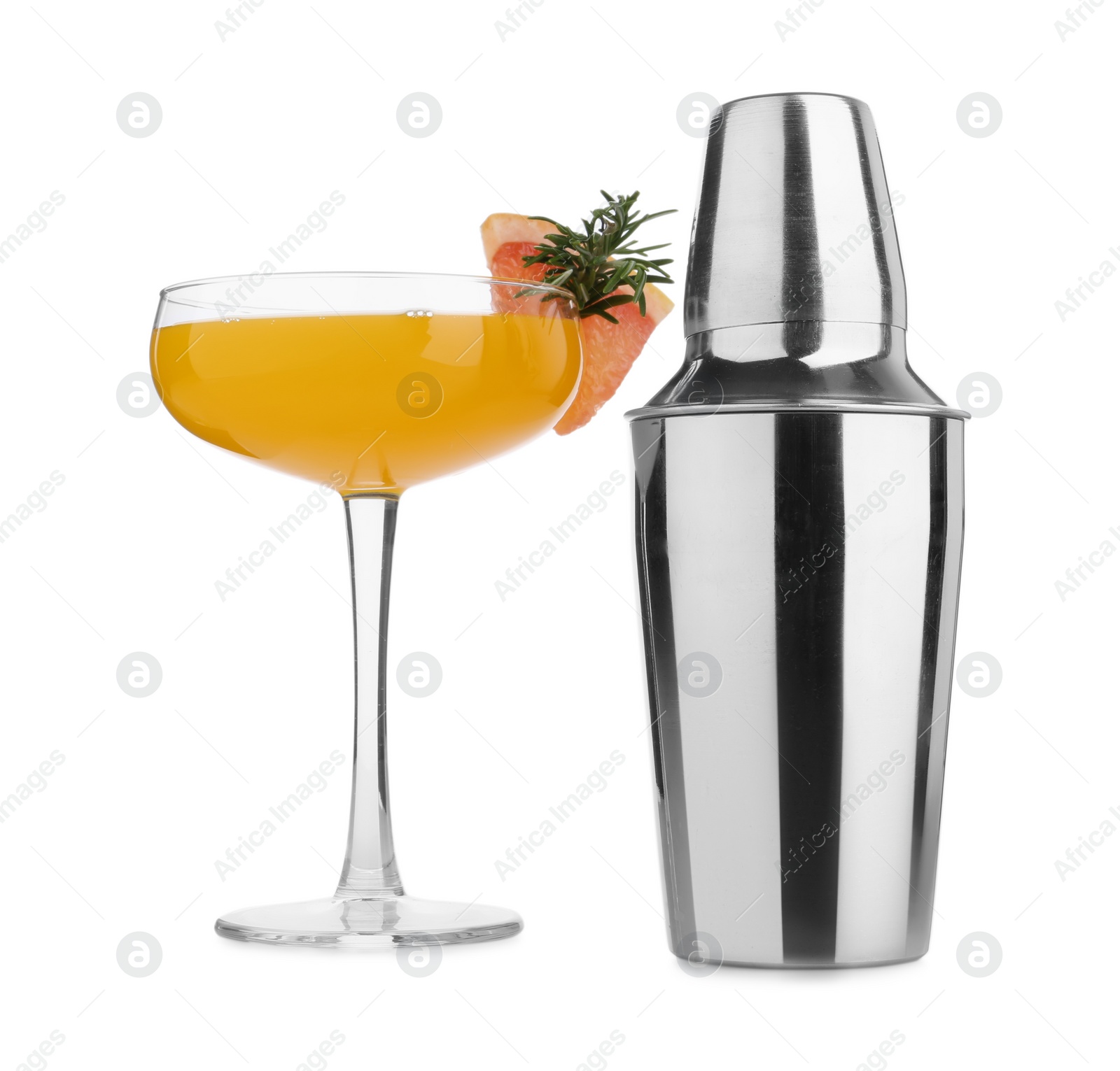 Photo of Metal shaker and delicious cocktail isolated on white