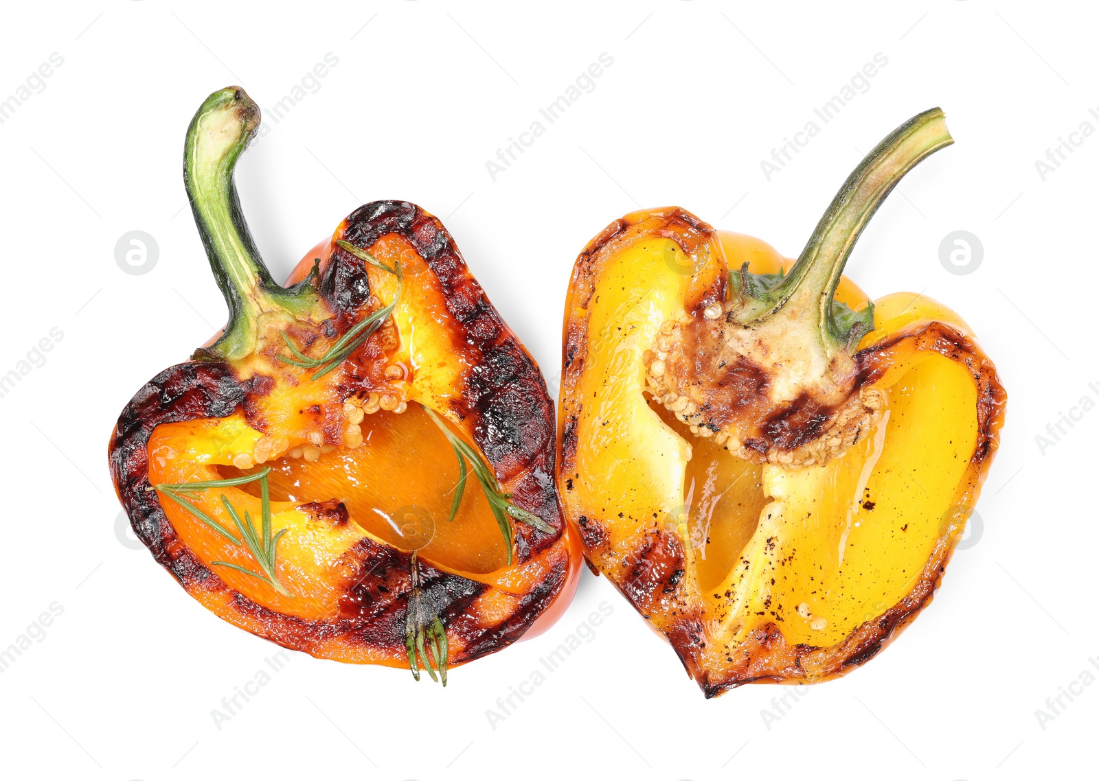 Photo of Tasty grilled bell peppers and rosemary isolated on white, top view