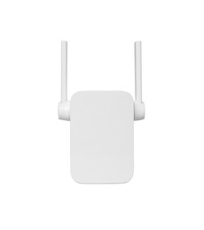 Photo of New modern Wi-Fi repeater on light gray background