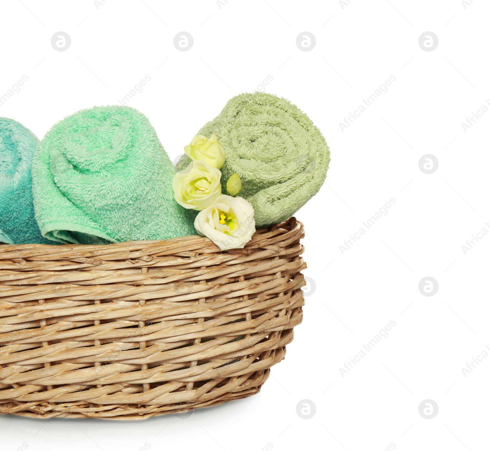 Photo of Wicker basket with rolled soft terry towels and flowers on white background