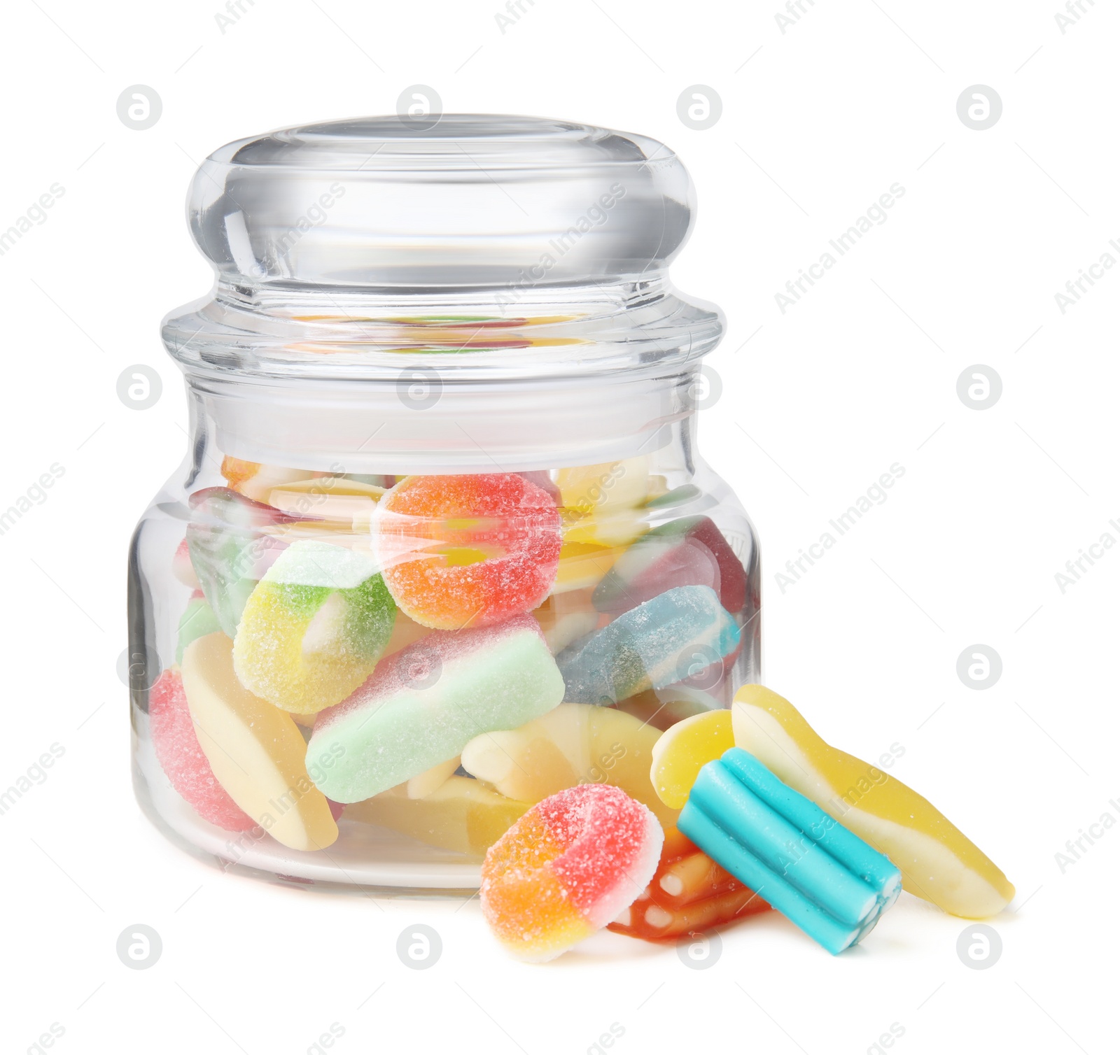 Photo of Tasty jelly candies with jar on white background