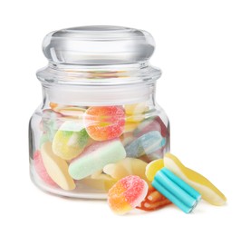 Photo of Tasty jelly candies with jar on white background