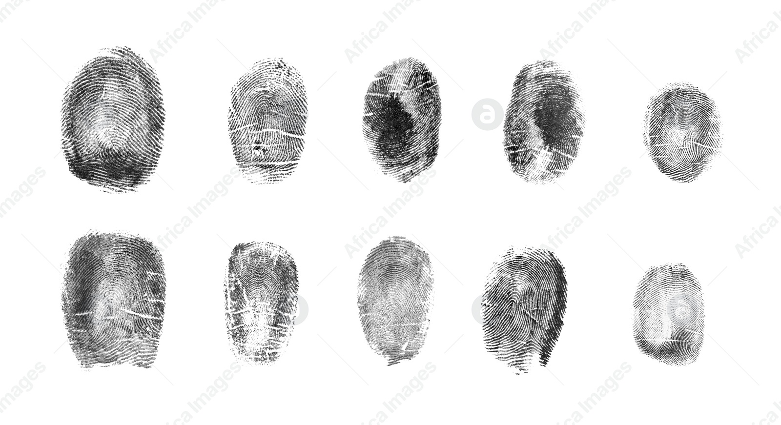 Image of Set of different fingerprints on white background, top view 