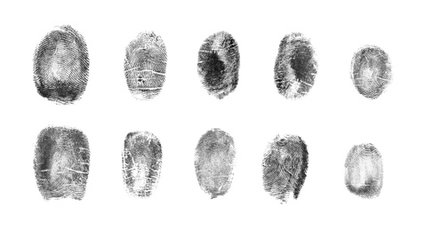Image of Set of different fingerprints on white background, top view 