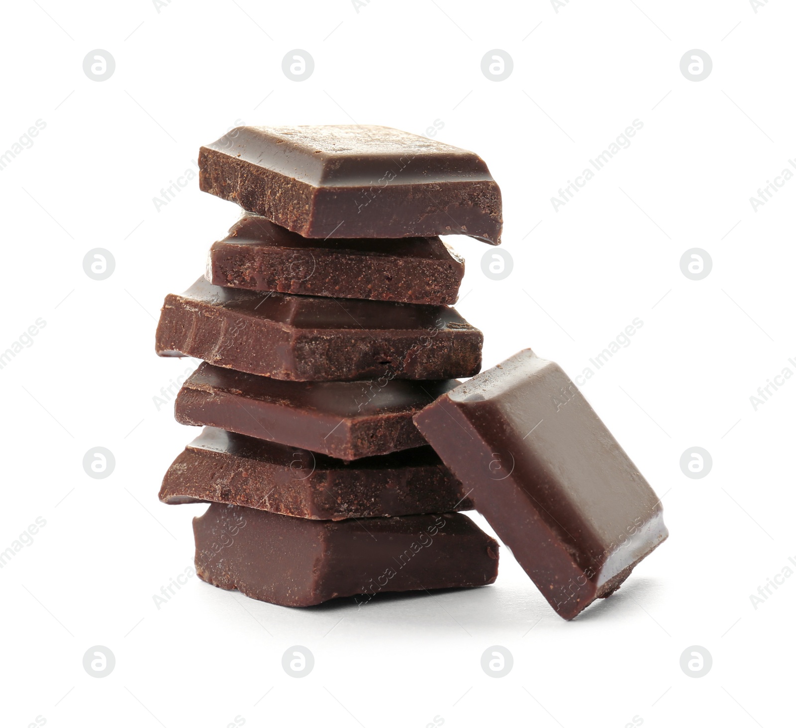 Photo of Delicious black chocolate pieces on white background