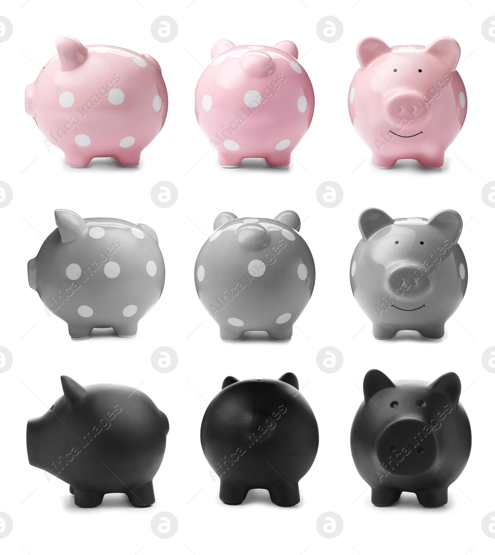 Image of Set with different piggy banks on white background. Money saving