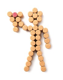 Photo of Man with grape made of wine bottle corks isolated on white, top view