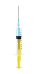 Photo of Disposable syringe with needle and medicine isolated on white