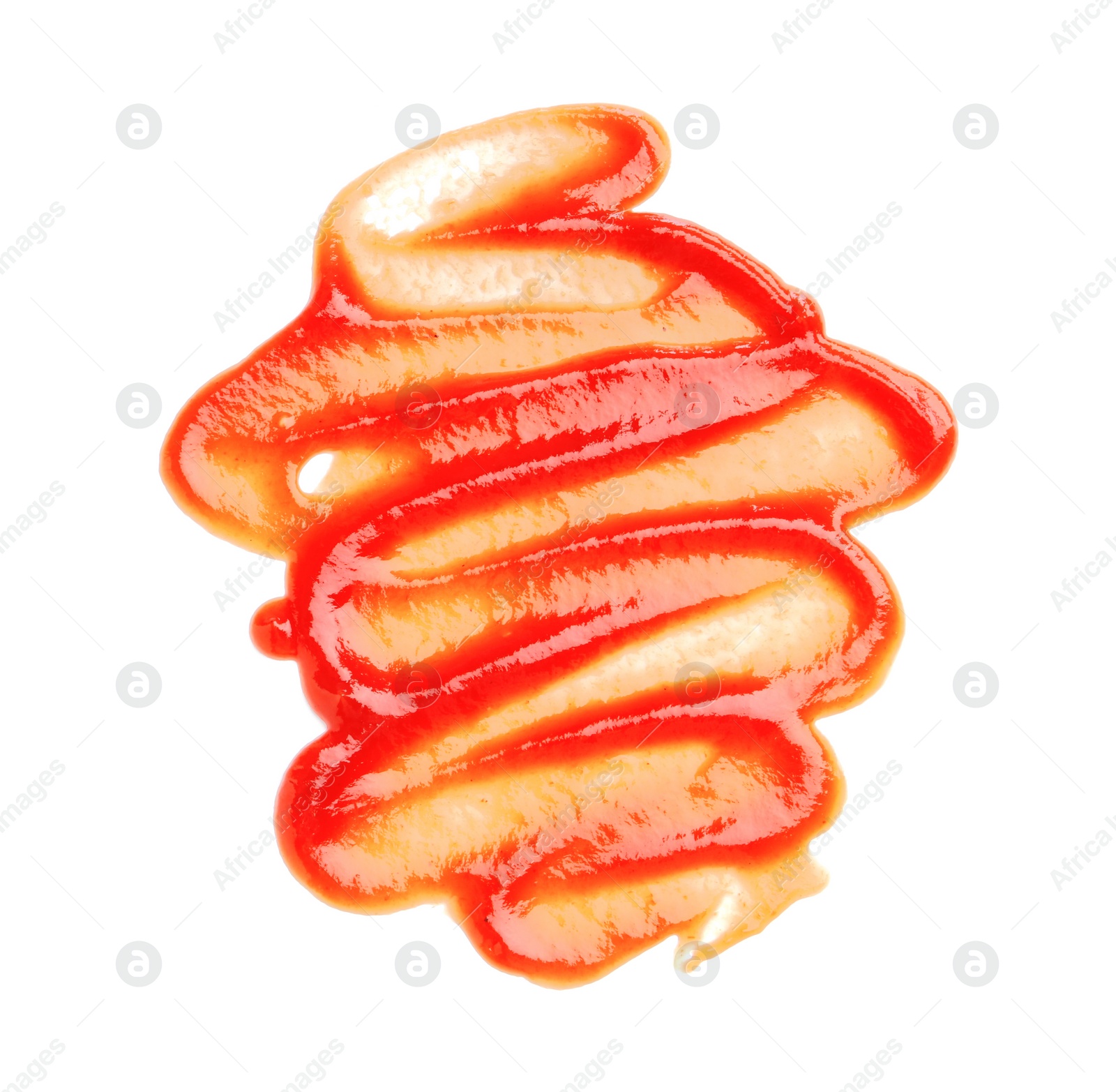 Photo of Tasty ketchup isolated on white, top view. Tomato sauce