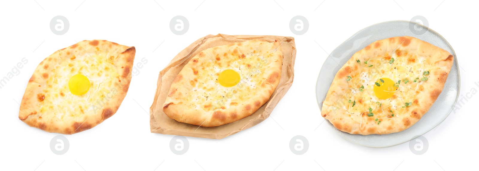 Image of Collage with tasty Adjarian khachapuris on white background