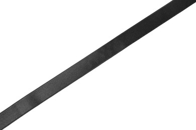 Black satin ribbon on white background, top view