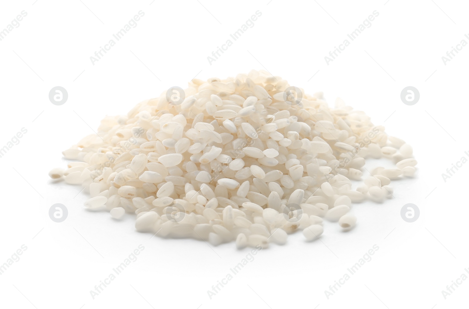 Photo of Raw rice on white background. Healthy grains and cereals