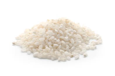 Raw rice on white background. Healthy grains and cereals