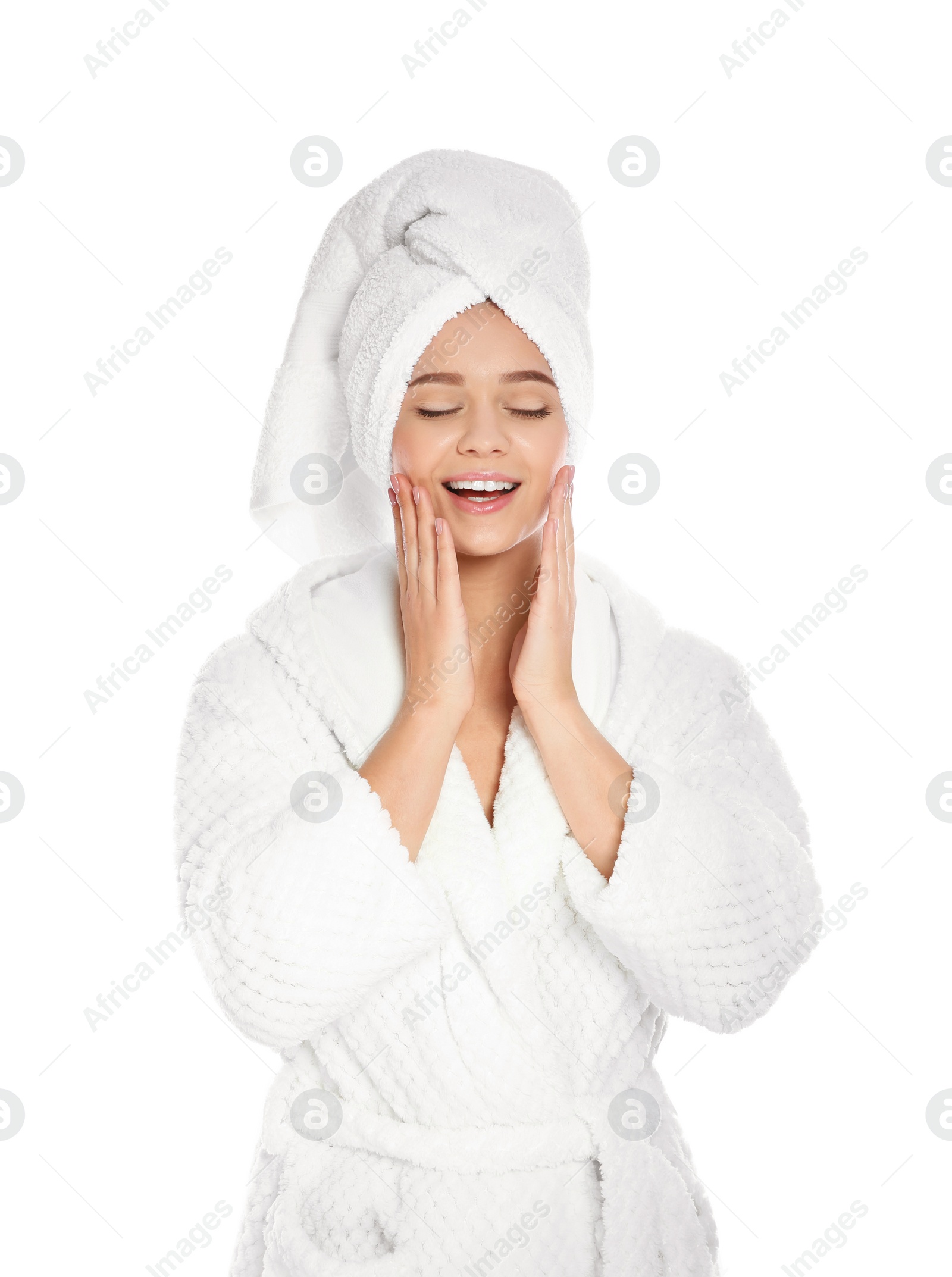 Photo of Portrait of young pretty woman in bathrobe with towel on white background