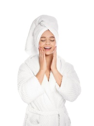 Photo of Portrait of young pretty woman in bathrobe with towel on white background