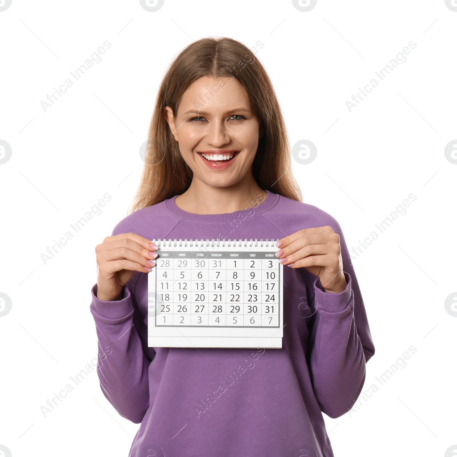 Photo of Young woman holding calendar with marked menstrual cycle days on white background