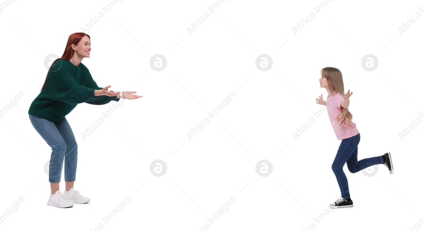 Image of Happy girl running towards her mother on white background