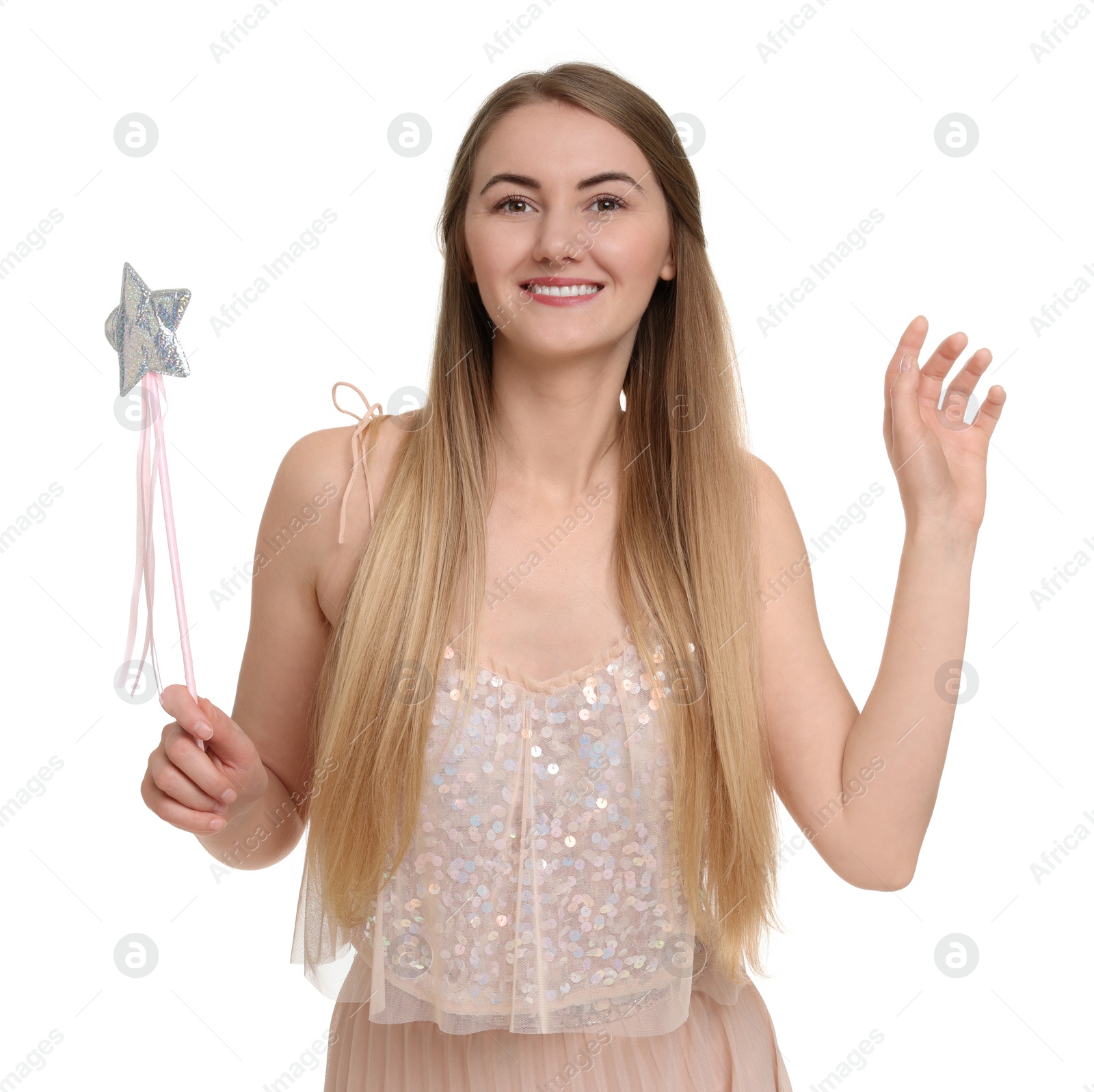 Photo of Beautiful girl in fairy costume with magic wand on white background