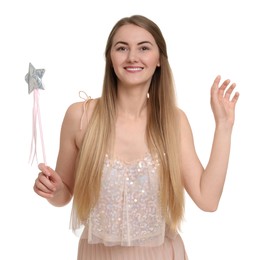 Beautiful girl in fairy costume with magic wand on white background