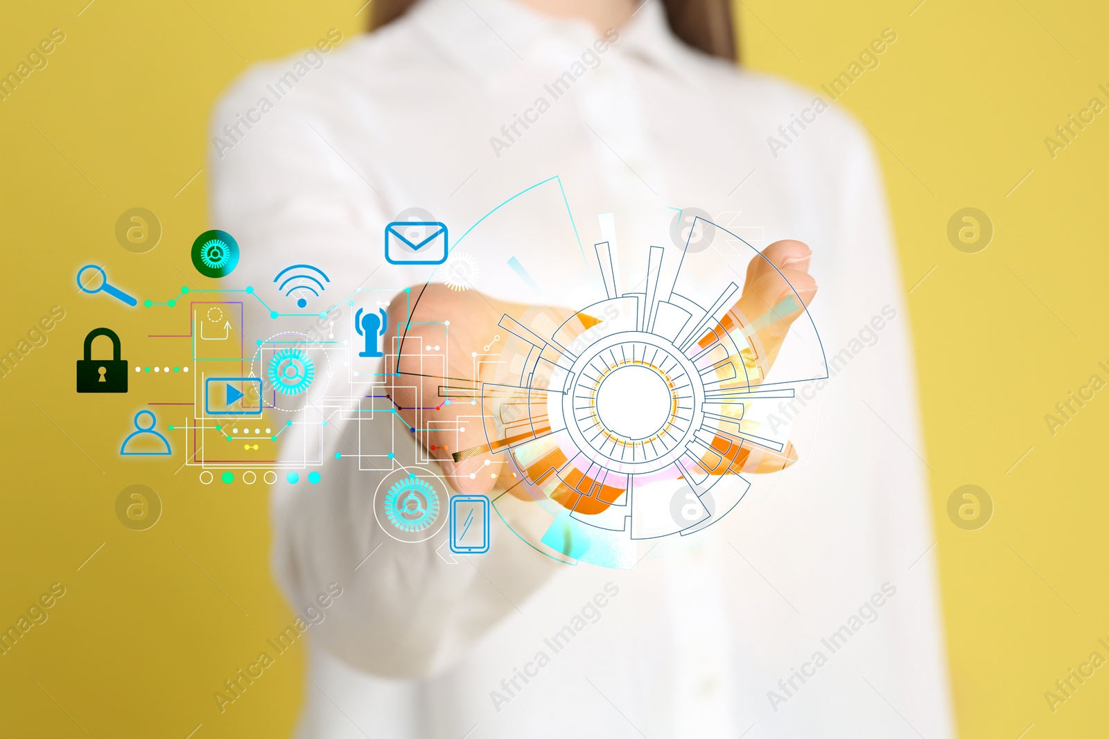 Image of Modern technology concept. Woman on yellow background, closeup