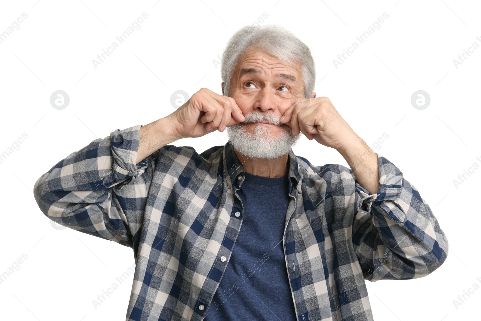 Photo of Senior man touching mustache on white background