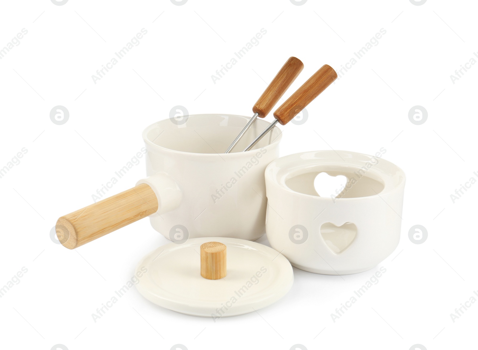 Photo of Fondue set isolated on white. Kitchen equipment