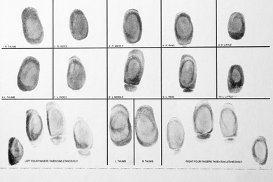 Photo of Police form with fingerprints, top view. Forensic examination