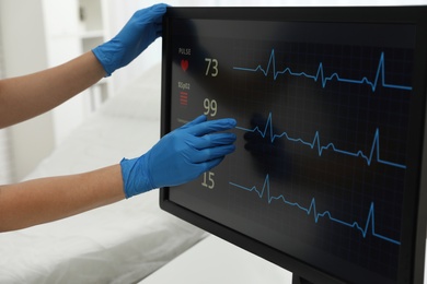 Nurse near monitor with cardiogram in hospital, closeup