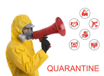 Man wearing chemical protective suit with megaphone against white background. Hold on quarantine rules during coronavirus outbreak