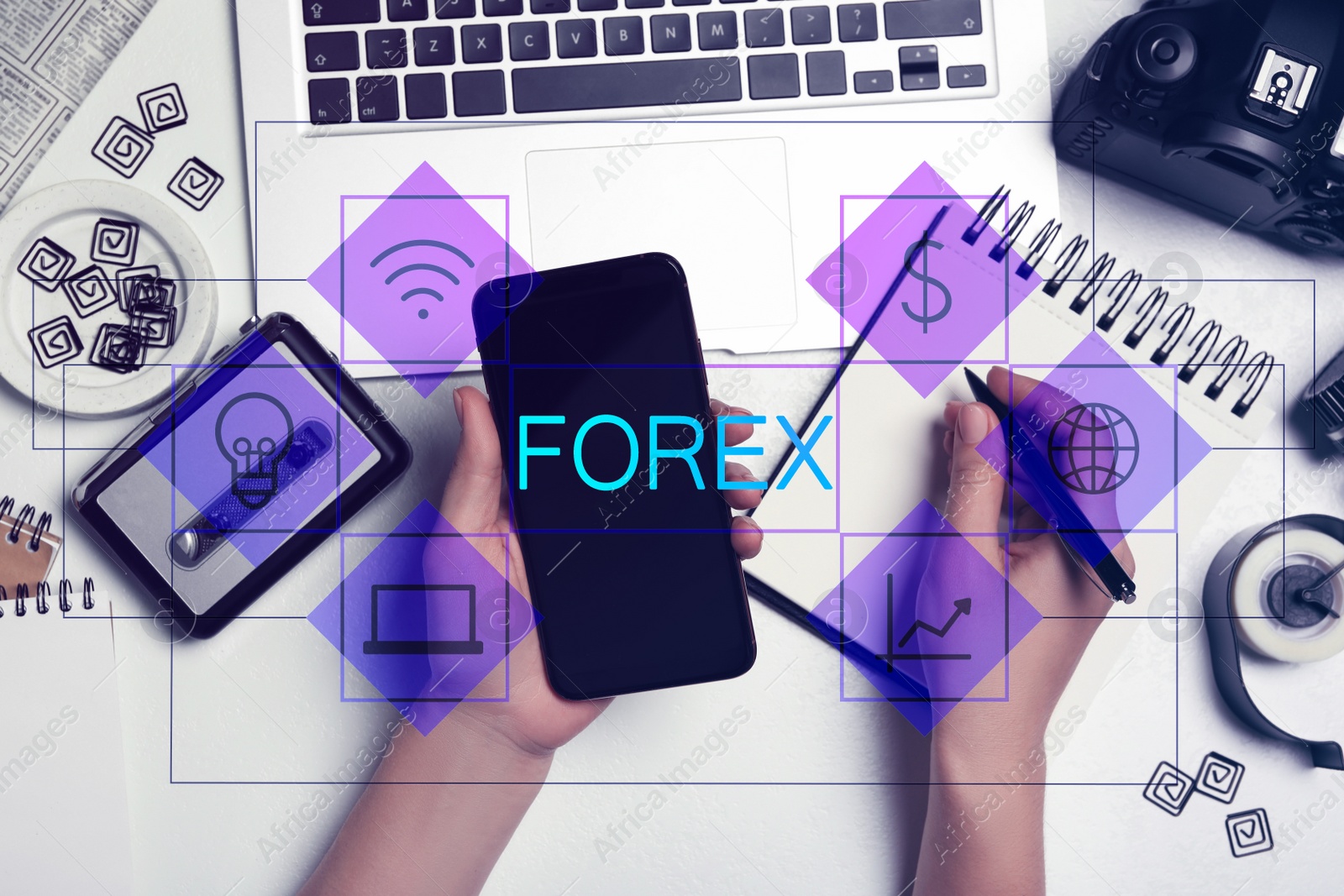 Image of Woman with smartphone and laptop working at table, top view. Forex trading