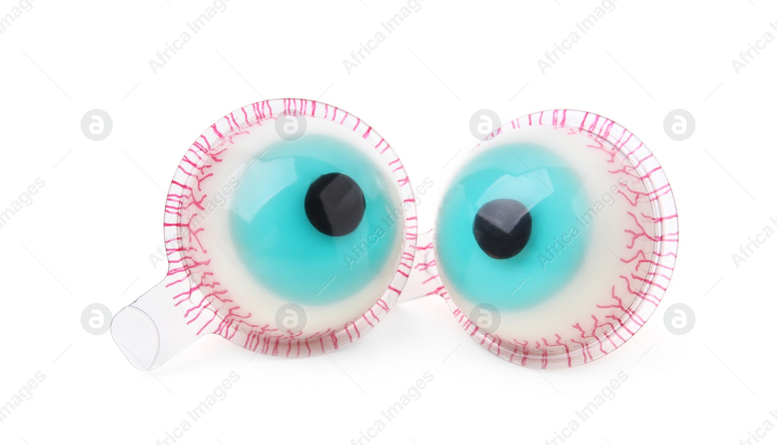 Photo of Delicious colorful candies in shape of eyes on white background. Halloween sweets