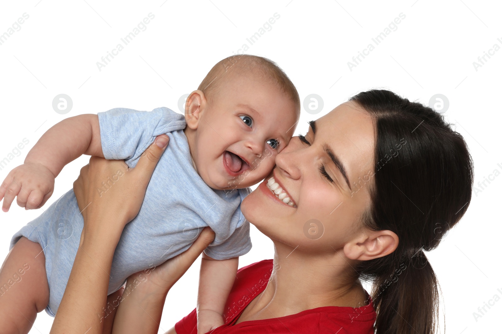 Photo of Beautiful mother with her cute baby on white background