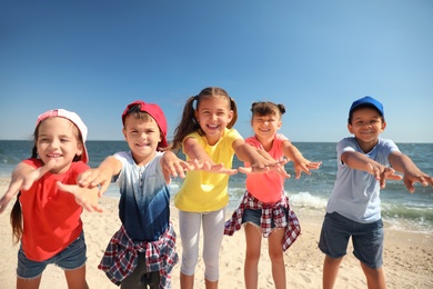 Group of happy children at sea beach on sunny day. Summer camp