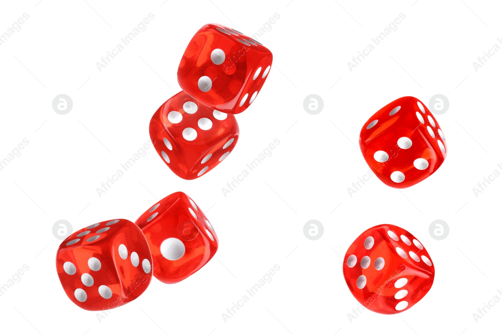 Image of Six red dice in air on white background