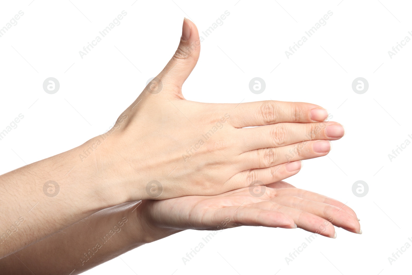 Photo of Woman showing word stop on white background, closeup. Sign language