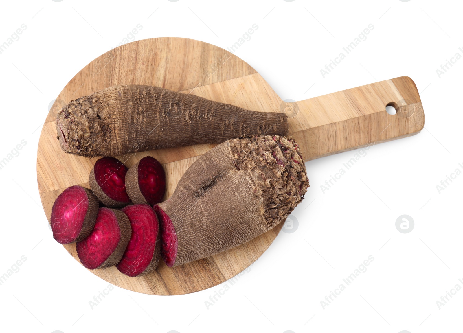 Photo of Whole and cut beets isolated on white, top view