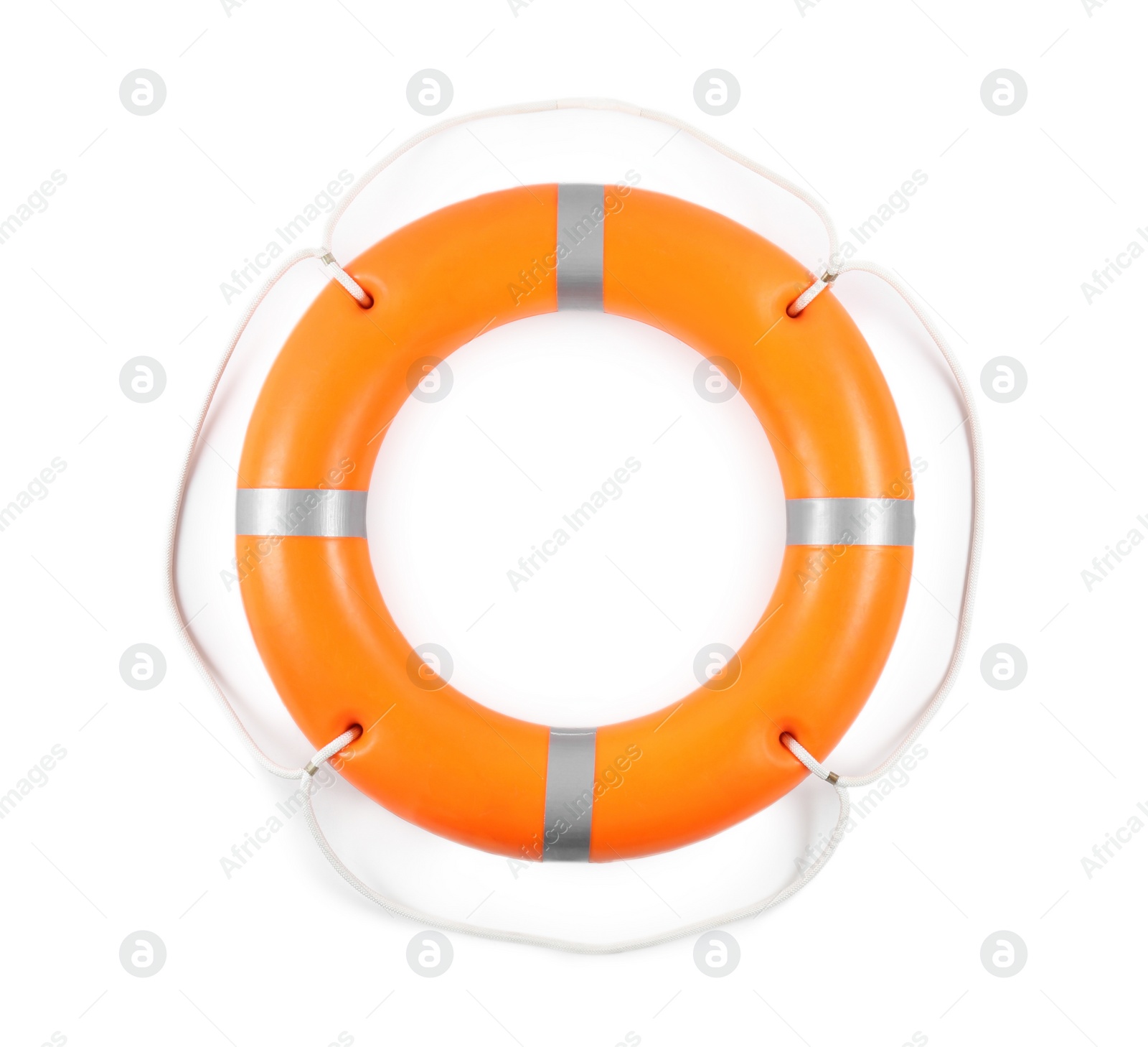 Photo of Orange lifebuoy isolated on white. Rescue equipment