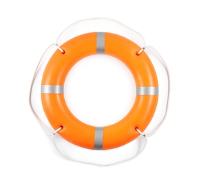 Photo of Orange lifebuoy isolated on white. Rescue equipment