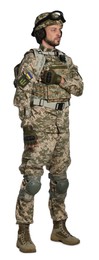 Photo of Soldier in Ukrainian military uniform with backpack on white background