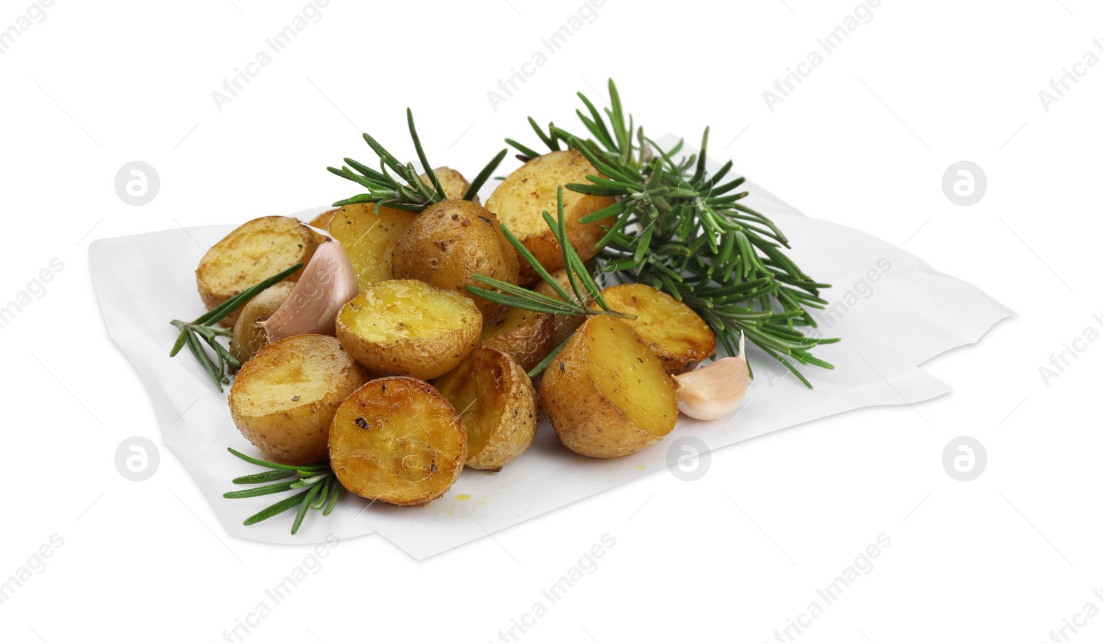 Photo of Delicious baked potatoes with rosemary isolated on white