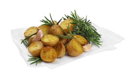 Delicious baked potatoes with rosemary isolated on white