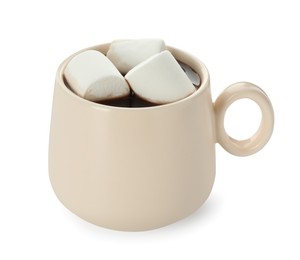 Photo of Cup of aromatic hot chocolate with marshmallows isolated on white