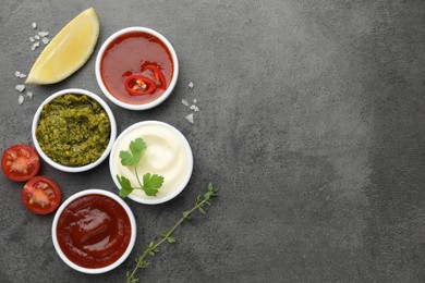 Photo of Different tasty sauces in bowls and ingredients on grey table, flat lay. Space for text