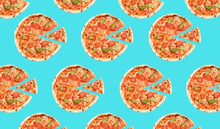 Image of Pizza pattern design on light blue background