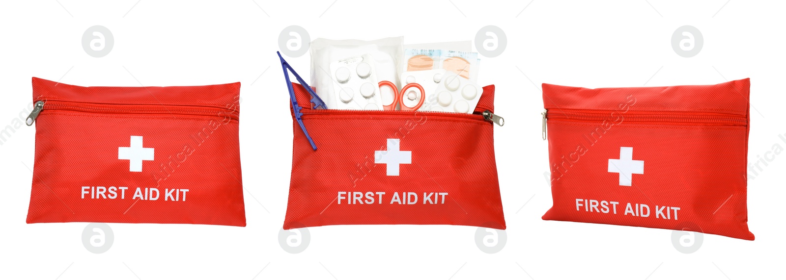 Image of Collage with first aid kit on white background