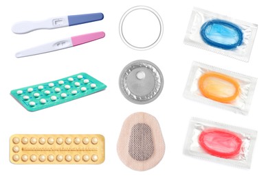 Oral contraceptives, patch, vaginal ring, condoms and ovulation tests isolated on white, collage. Different birth control methods