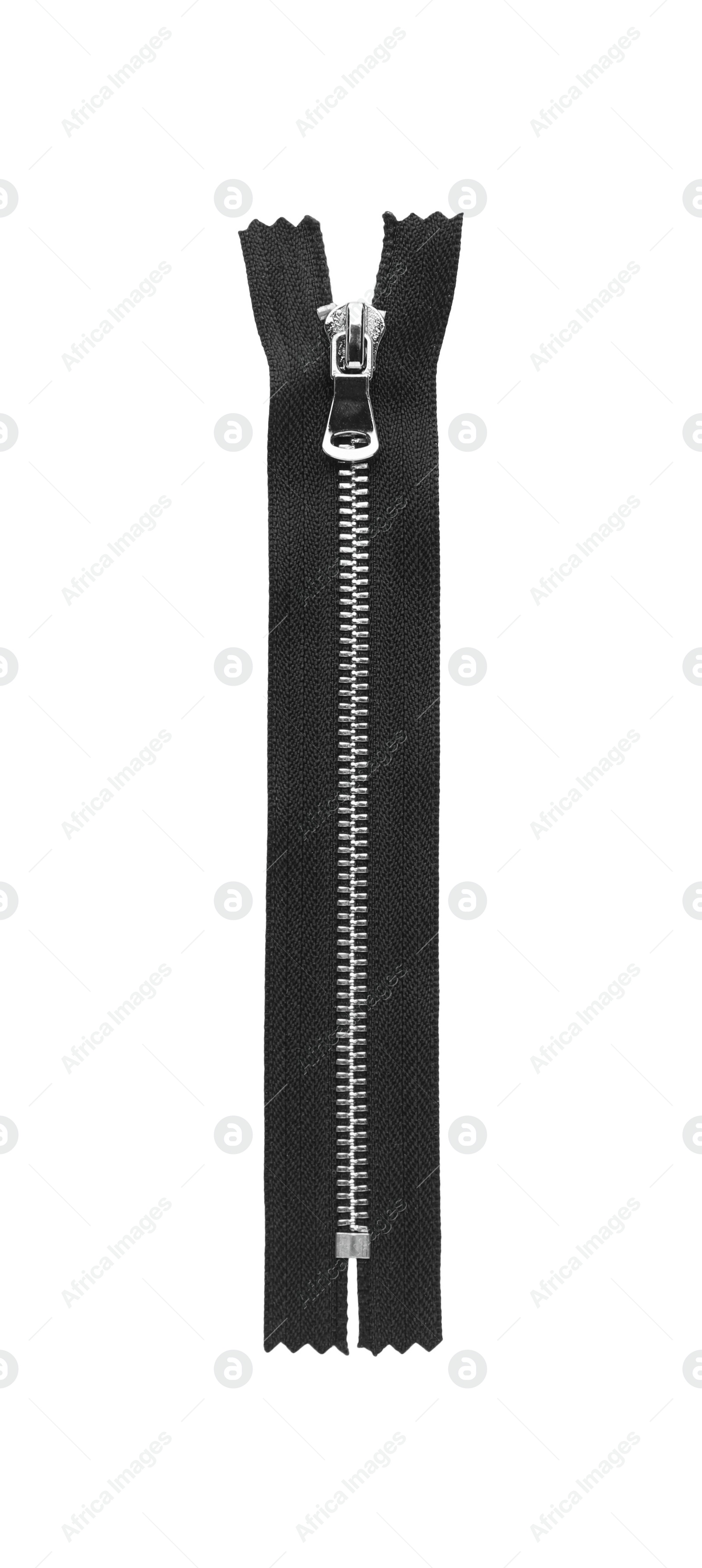 Photo of Black zipper isolated on white, top view