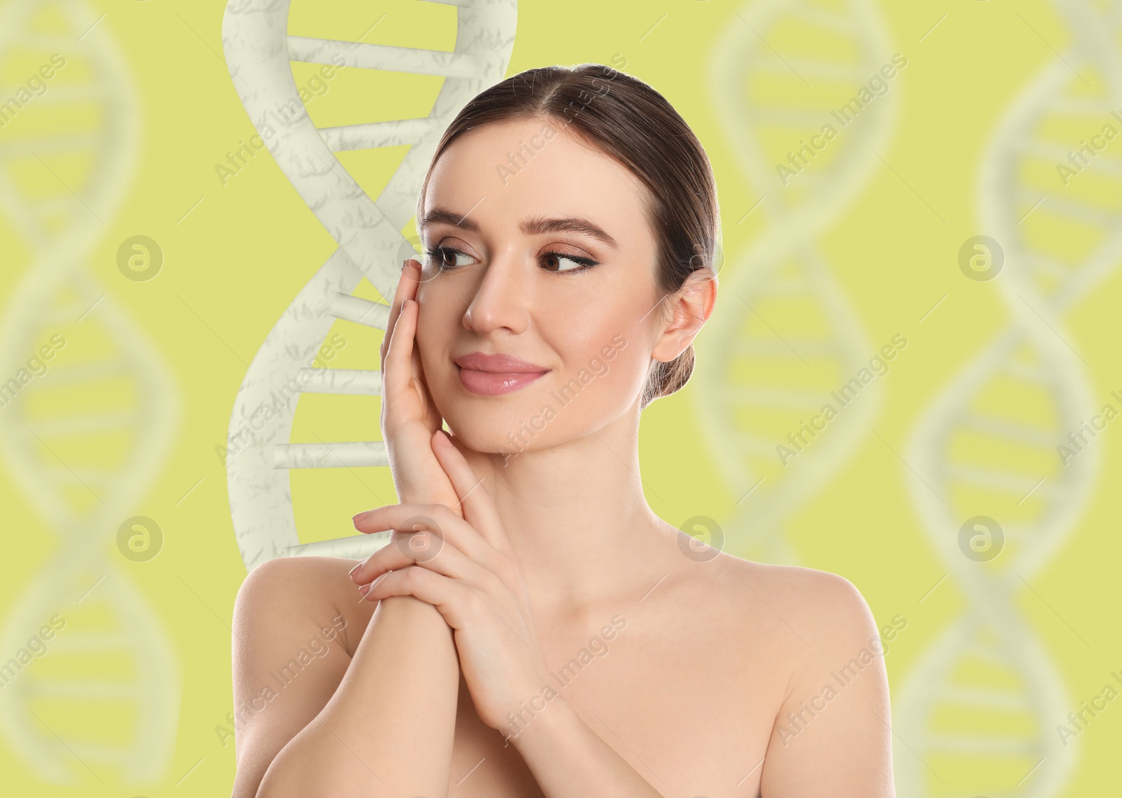 Image of Beautiful young woman against light yellow background with illustration of DNA chains