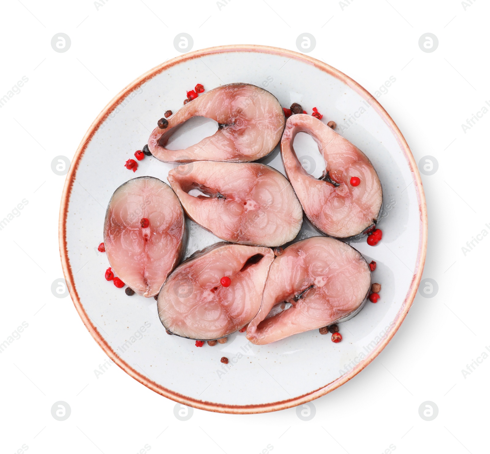 Photo of Pieces of mackerel fish with spices on white background, top view